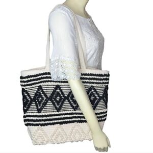 Elizabeth and James Woven Diamond Tote Bag Black Cream